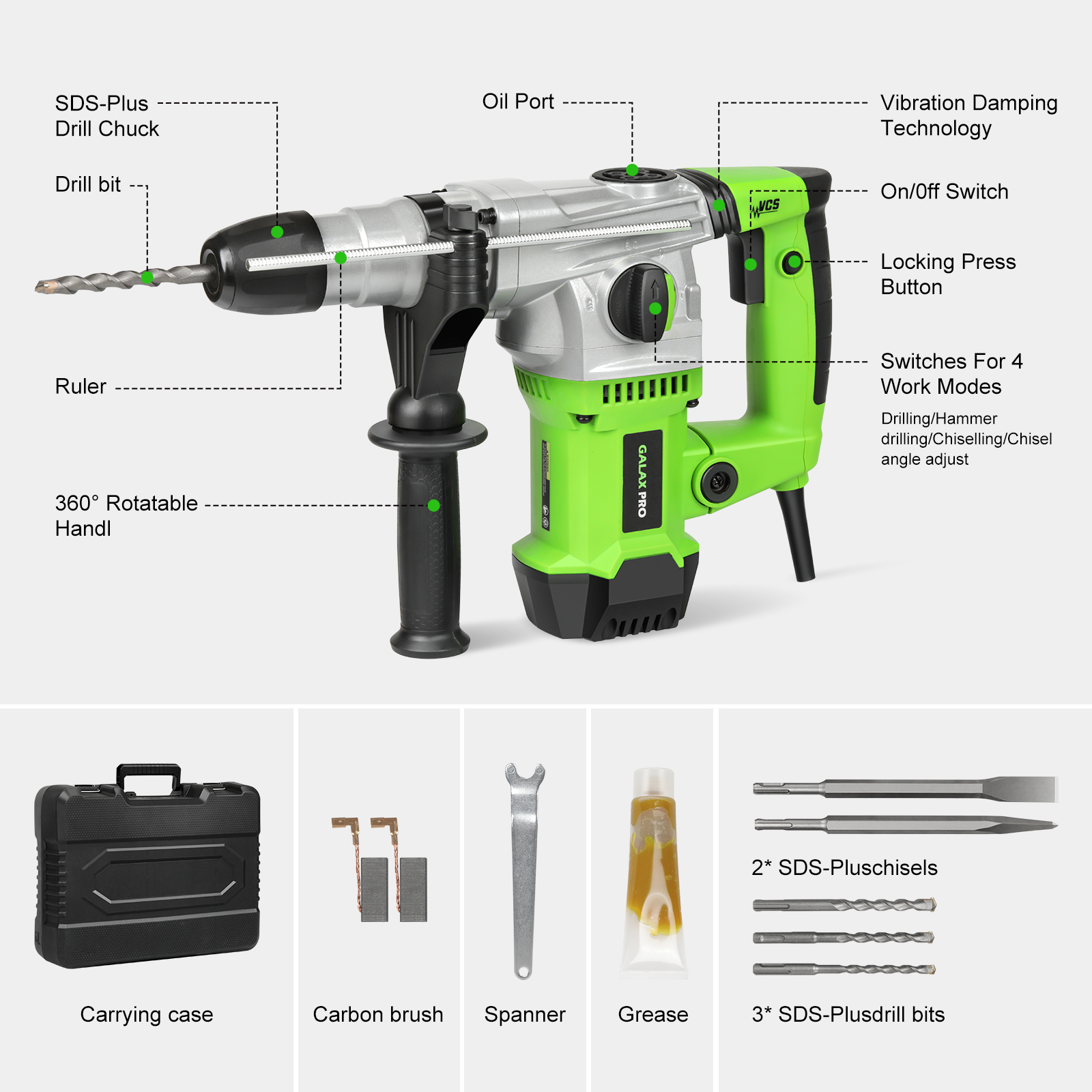 Galax PRO SDS Plus Rotary Hammer Drill 1500W 4000RPM, 4 In 1 Functions, Anti — image 5