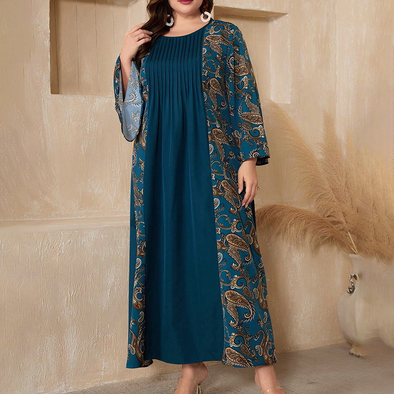 Women's Plus Size Bohemian Floral Printed Maxi Dress, Pleated Front Long Sleeve Crew Neck Loose Fit Blue - Shop at LoveMi