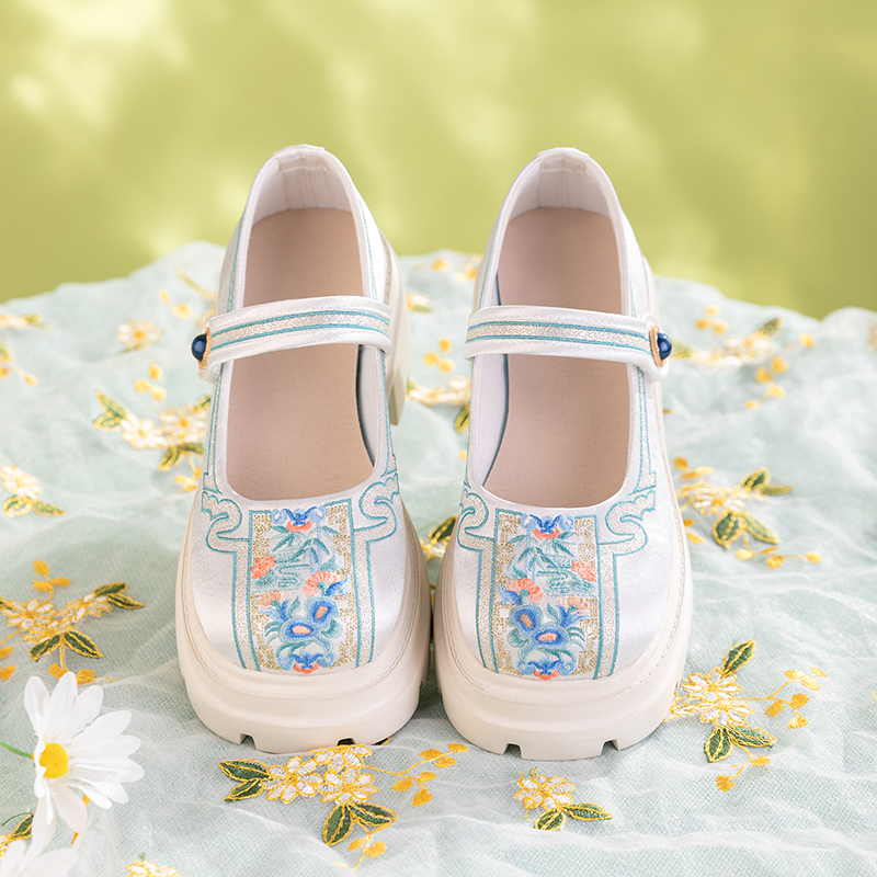 Spring & Summer Retro Mary Jane Shoes - Round Toe Chunky Heel Flats With Oriental Embroidery, Stylish Qipao & Horseface Skirt Hanfu Shoes For Women