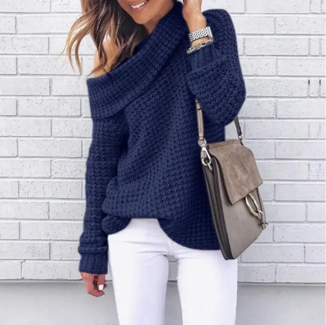 Women's Autumn And Winter Sweater Solid Color Turtleneck Sweater Dark Blue - Shop at LoveMi