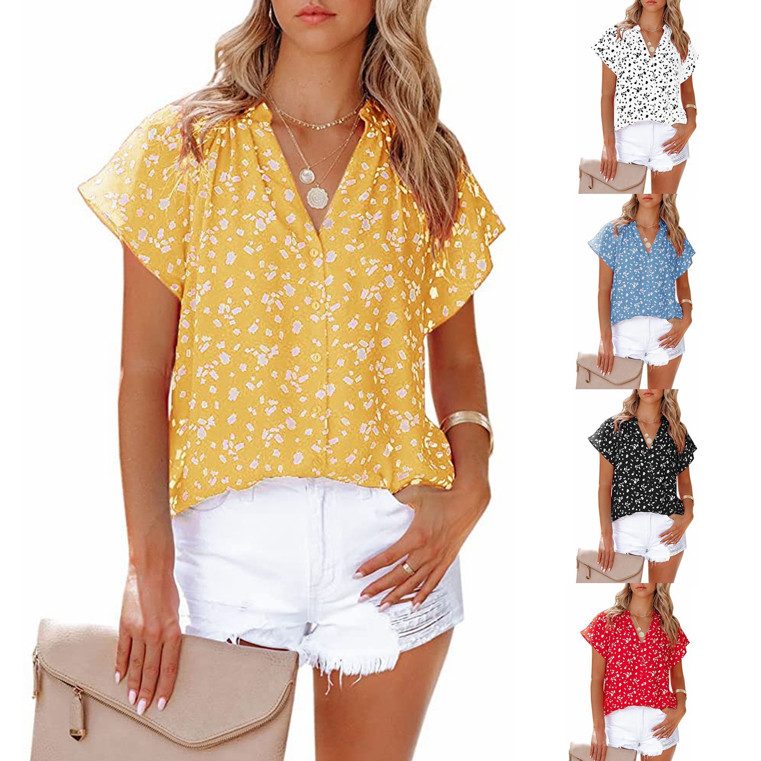 Title 1, Top Short Sleeve V-Neck Chiffon Print Blouse