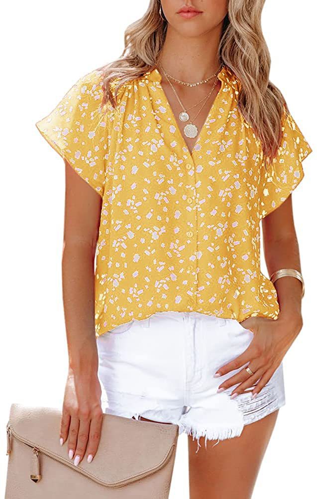 Title 2, Top Short Sleeve V-Neck Chiffon Print Blouse