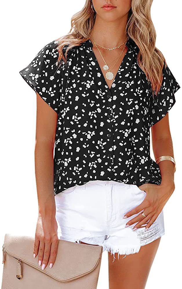 Title 6, Top Short Sleeve V-Neck Chiffon Print Blouse