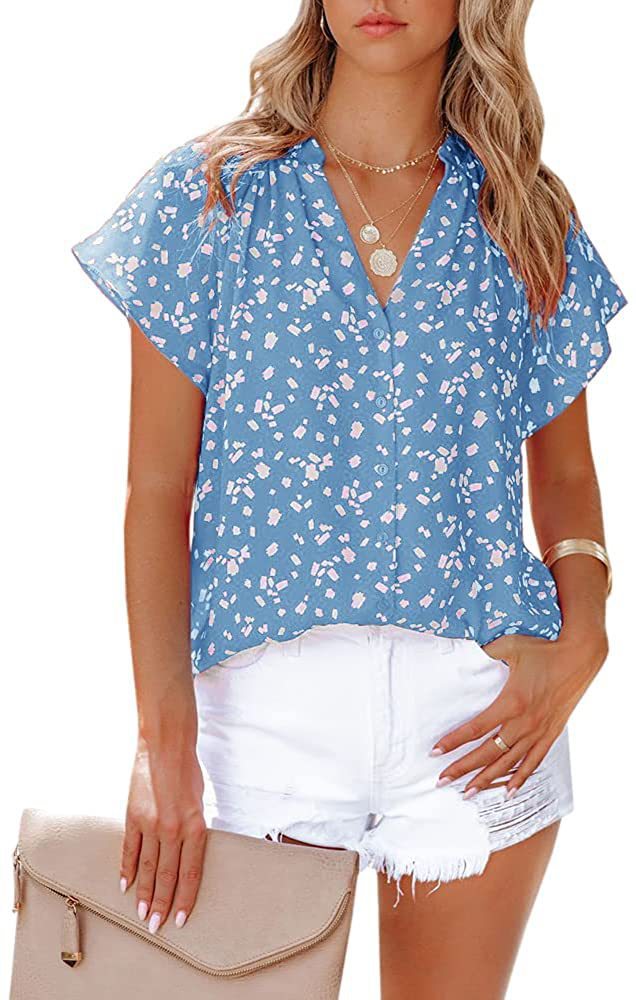 Title 10, Top Short Sleeve V-Neck Chiffon Print Blouse