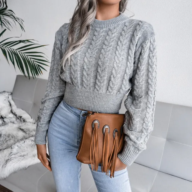 Cable Knit Waist Cinched Cropped Sweater Gray - Shop at LoveMi
