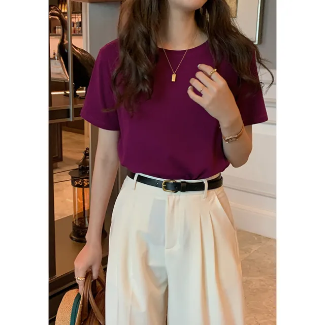 Women's Solid Color Round Neck Loose And Slim Short Sleeve T shirt Warbler Tail Purple - Shop at LoveMi