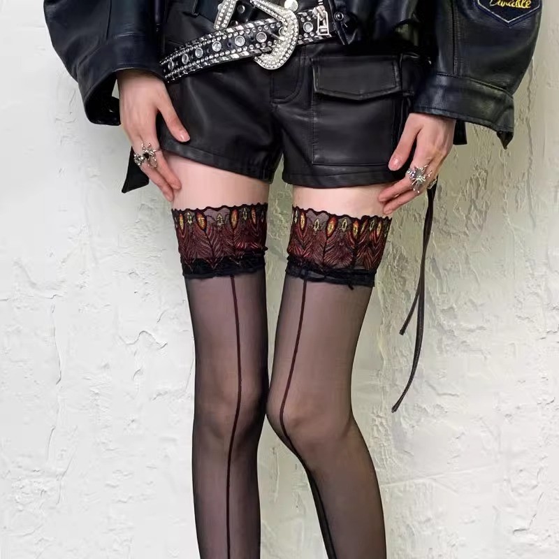 Peacock Red Retro Lace Edge Black Long Socks