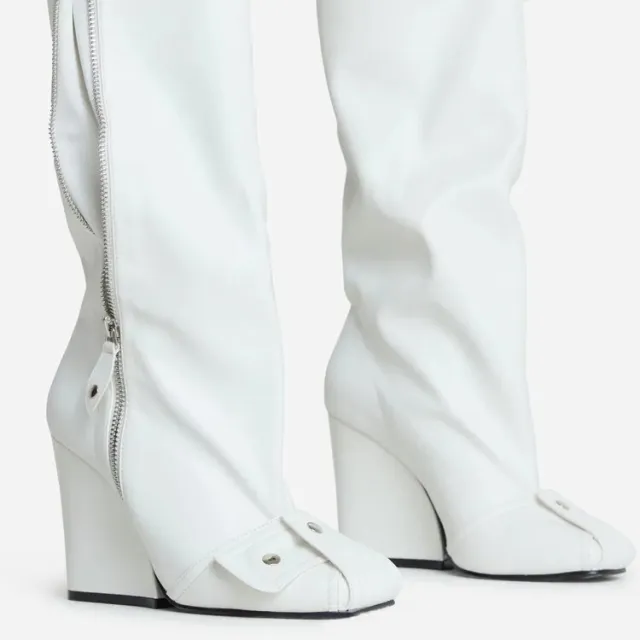 Super High Heel Square Head One Step Fashion Runway Large Size Knee high Boots White - Shop at LoveMi