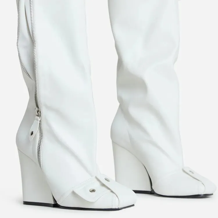 Super High Heel Square Head One Step Fashion Runway Large Size Knee-high Boots - White