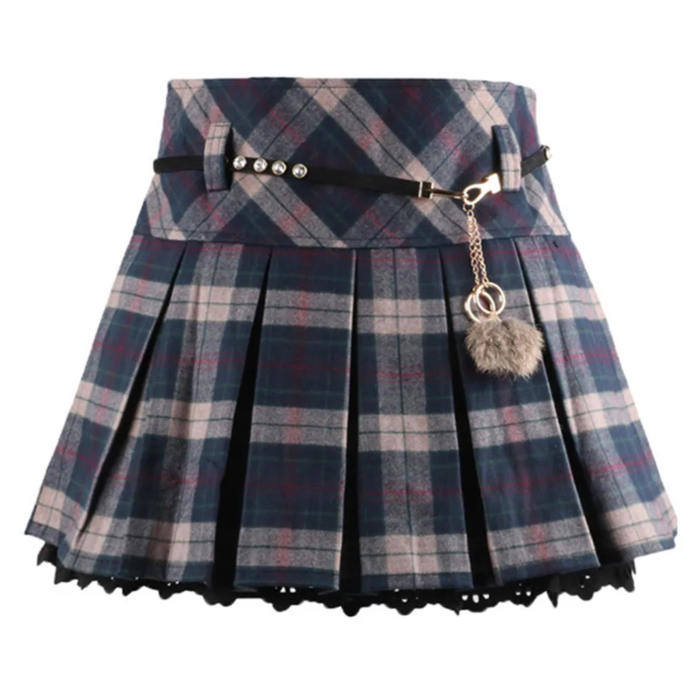 Pleated Ruffled A-line High Waist Spring And Autumn Plaid Skirt - Blue And Grey