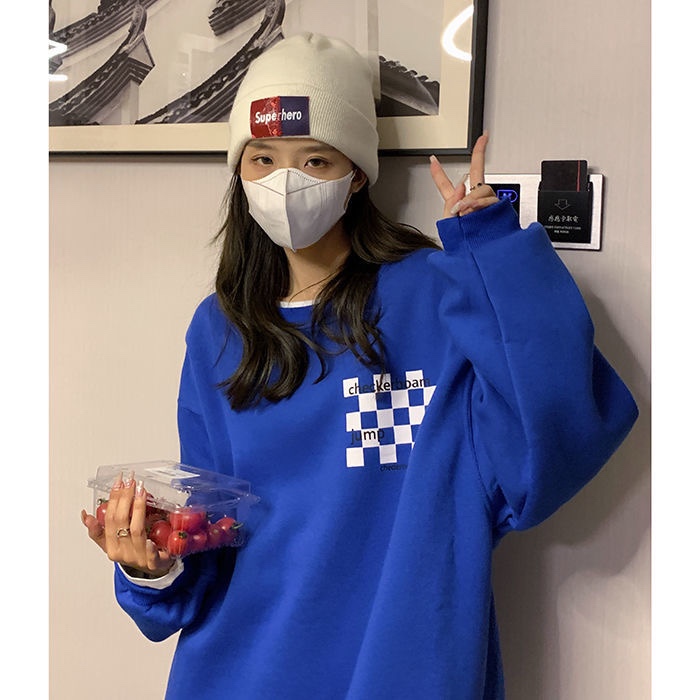 Klein Blue Sweater Women's Checkerboard Plus Velvet Niche