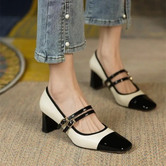 Retro Square Head Color Matching Single Shoe Female White - Shop at LoveMi