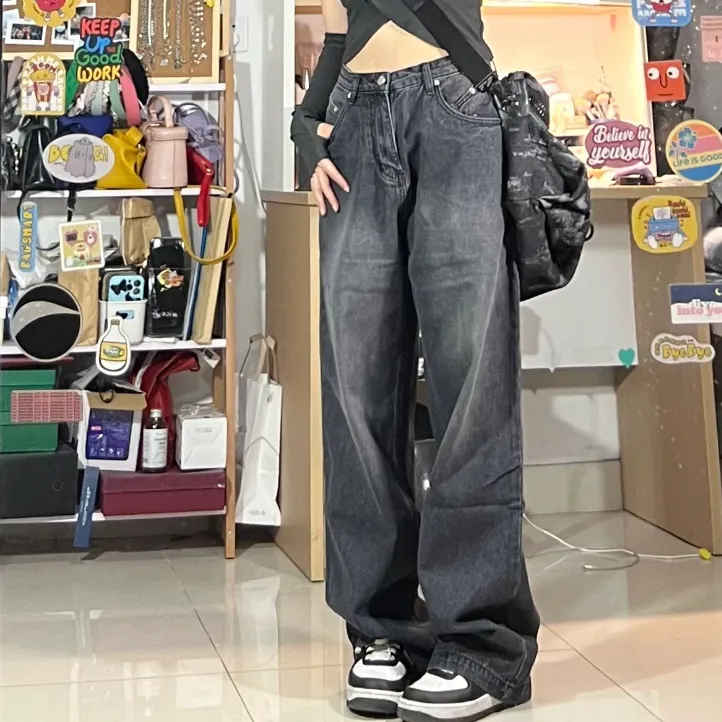 Black Jeans Women's High Waist Loose Straight Wide Leg Mopping Pants - Black