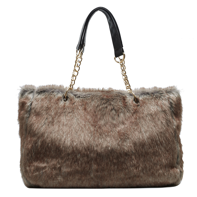 Ladies Large Capacity Plush Leopard Print Tote Bag Brown - Shop at LoveMi