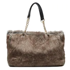 Ladies Large Capacity Plush Leopard Print Tote Bag - Brown - View 1