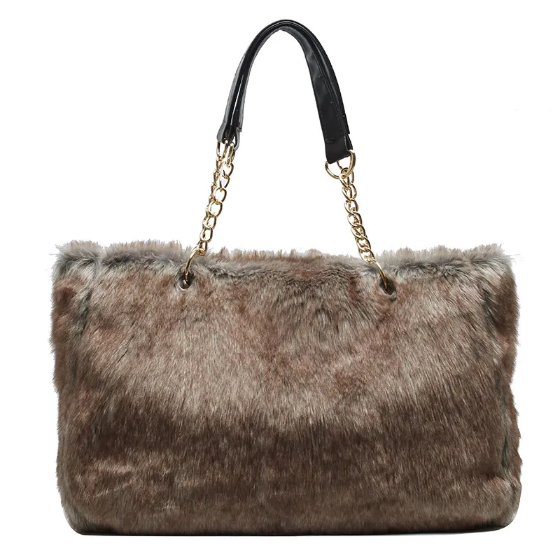 Ladies Large Capacity Plush Leopard Print Tote Bag - Brown