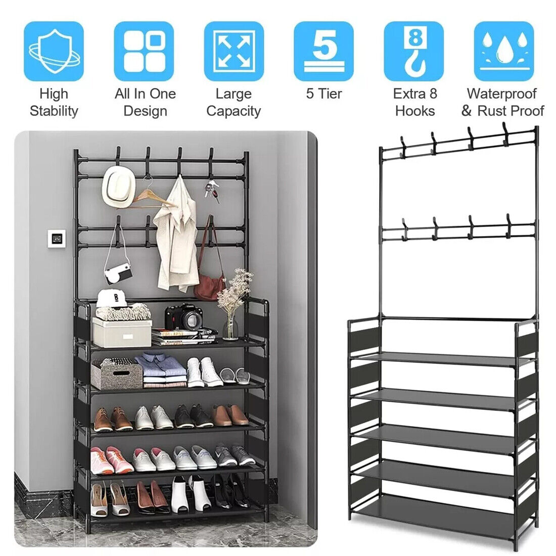New Coat And Hat Stand 8 Hooks Metal Shoe Rack 5 Tiers Shelf Hanger Black UK — image 6