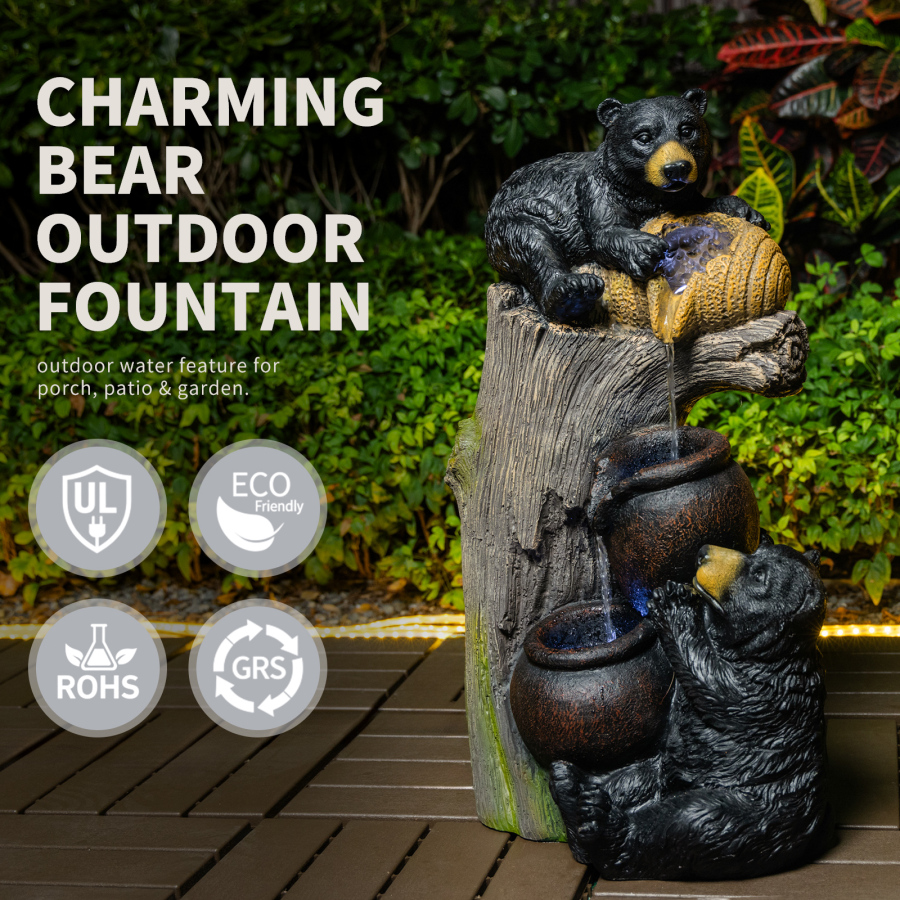 Bear Outdoor Water Fountain With LED Lights Cascading Fountains Outdoor For Patio Yard Balcony 23.62inch Garden Fountains Outdoor And Outdoor Water Fountain Decor