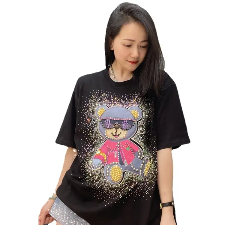 Heavy Industry Beaded Bear Loose Casual Western Style Short Sleeves