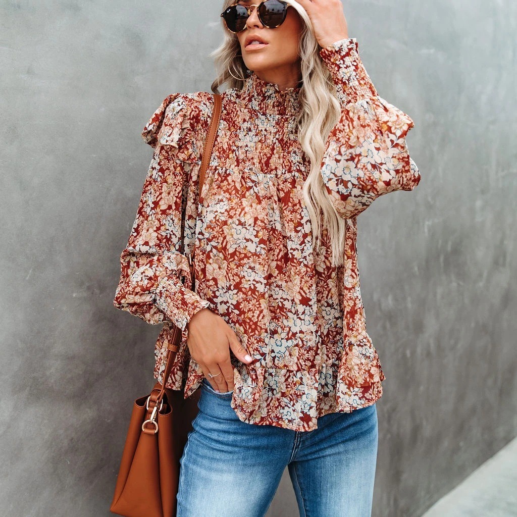 Pleated Turtleneck Small Floral Print Split Top