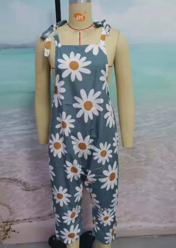 Women's European And American Summer New Retro Casual Printed Wide-leg Jumpsuit - Grey