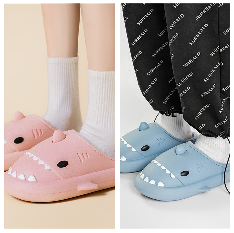 Winter Soft Bottom Household Couple Eva Hair Cartoon Shark Cotton Slippers Set 38Or39 42Or43 - Shop at LoveMi