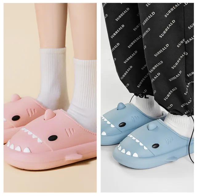 Winter Soft Bottom Household Couple Eva Hair Cartoon Shark Cotton Slippers Set 40Or41 44Or45 - Shop at LoveMi