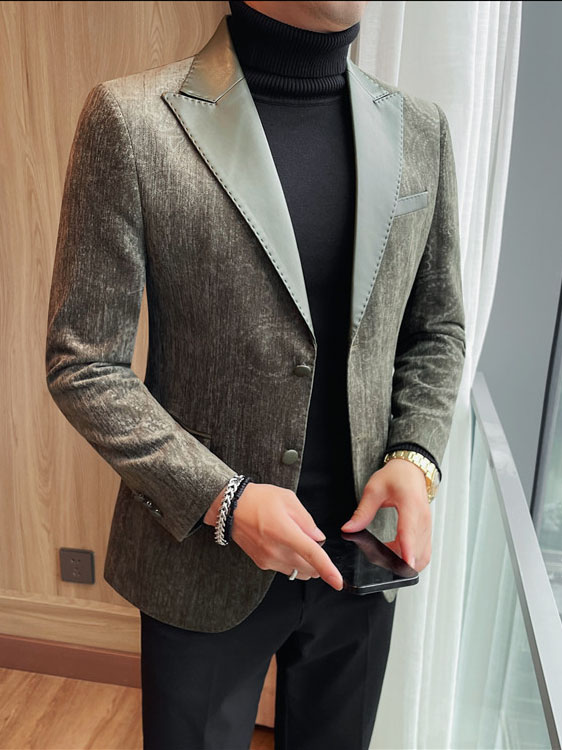 Jacquard Velvet Leather Lapel Men's Blazer