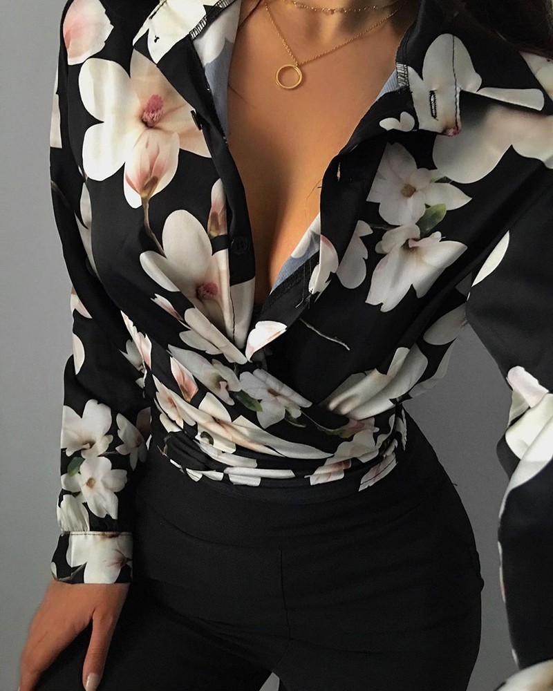 Title 9, Loose Long Sleeve V Neck Print Ladies Shirt Shi...