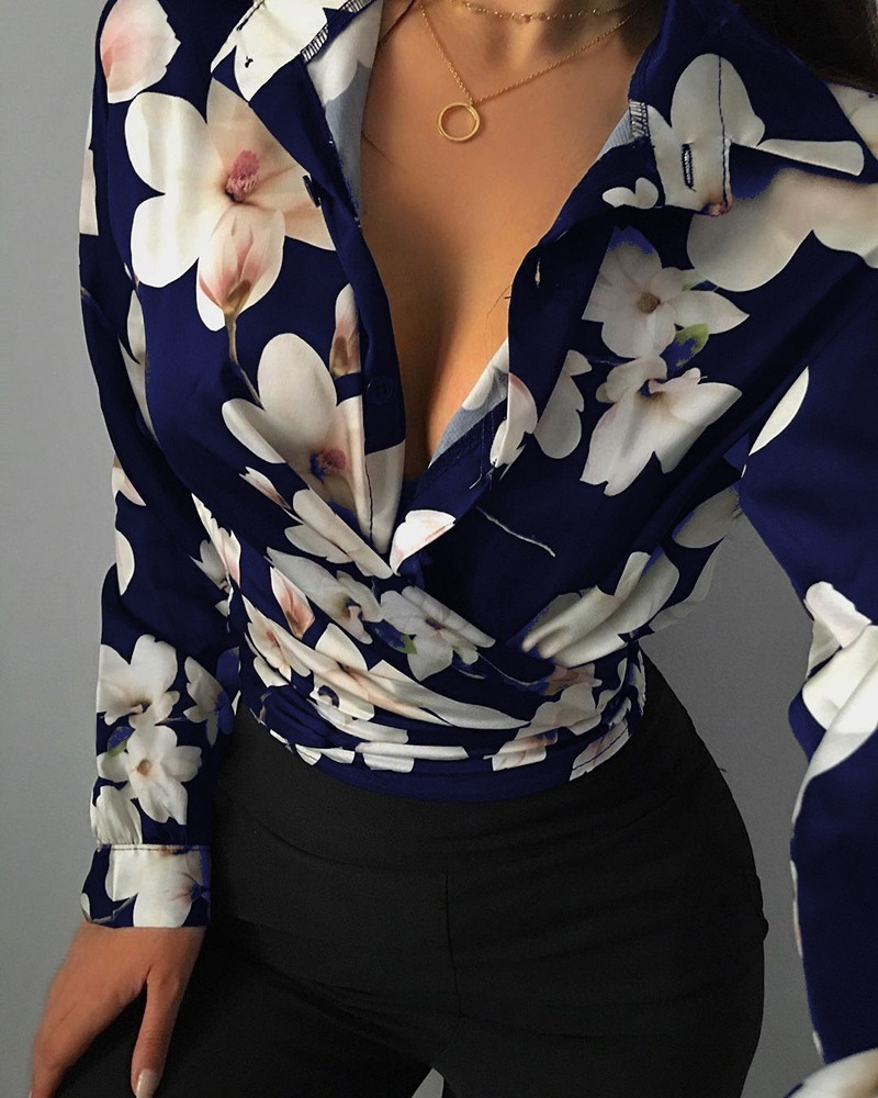 Title 11, Loose Long Sleeve V Neck Print Ladies Shirt Shi...