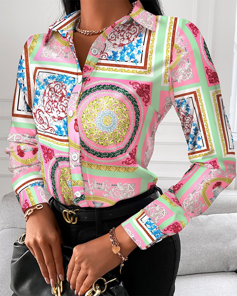 Title 4, Loose Long Sleeve V Neck Button Print Shirt Women