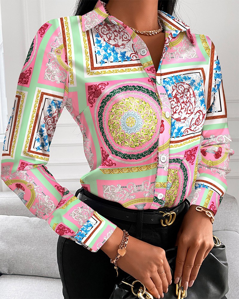 Title 5, Loose Long Sleeve V Neck Button Print Shirt Women