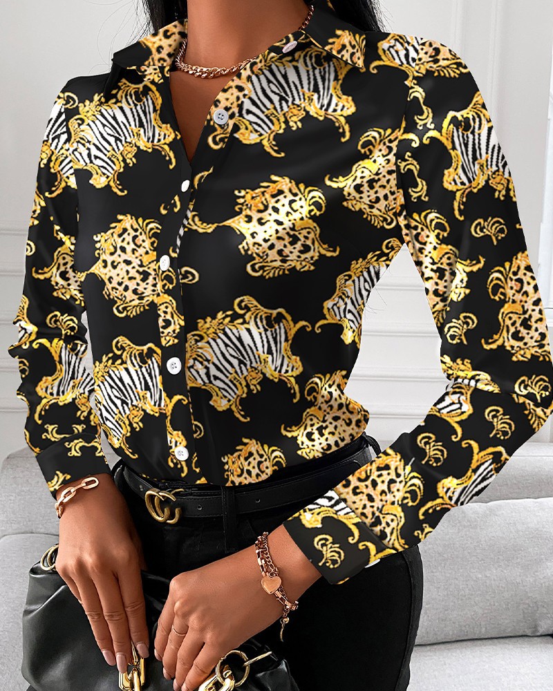 Title 7, Loose Long Sleeve V Neck Button Print Shirt Women