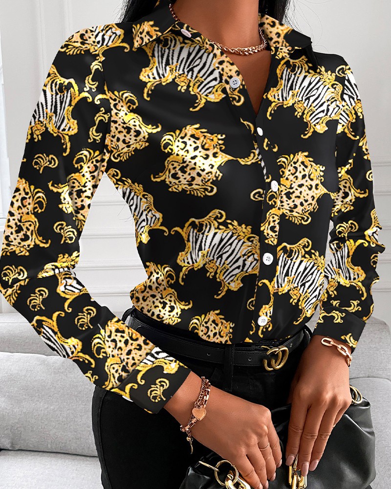 Title 8, Loose Long Sleeve V Neck Button Print Shirt Women