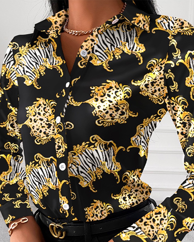 Title 9, Loose Long Sleeve V Neck Button Print Shirt Women