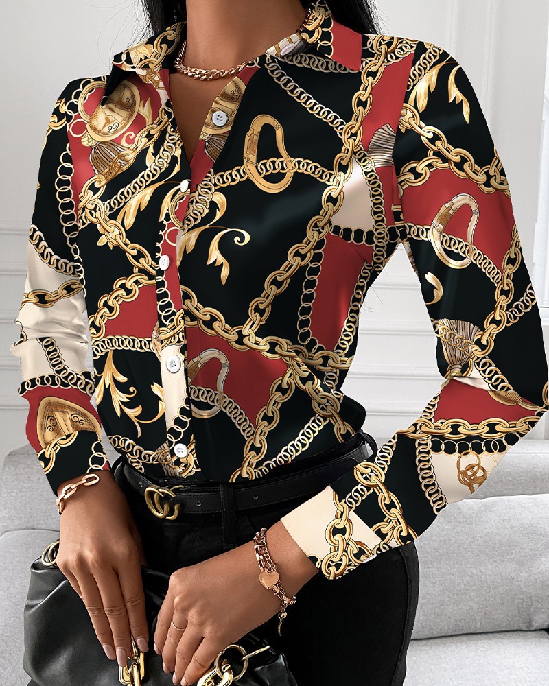 Title 10, Loose Long Sleeve V Neck Button Print Shirt Women