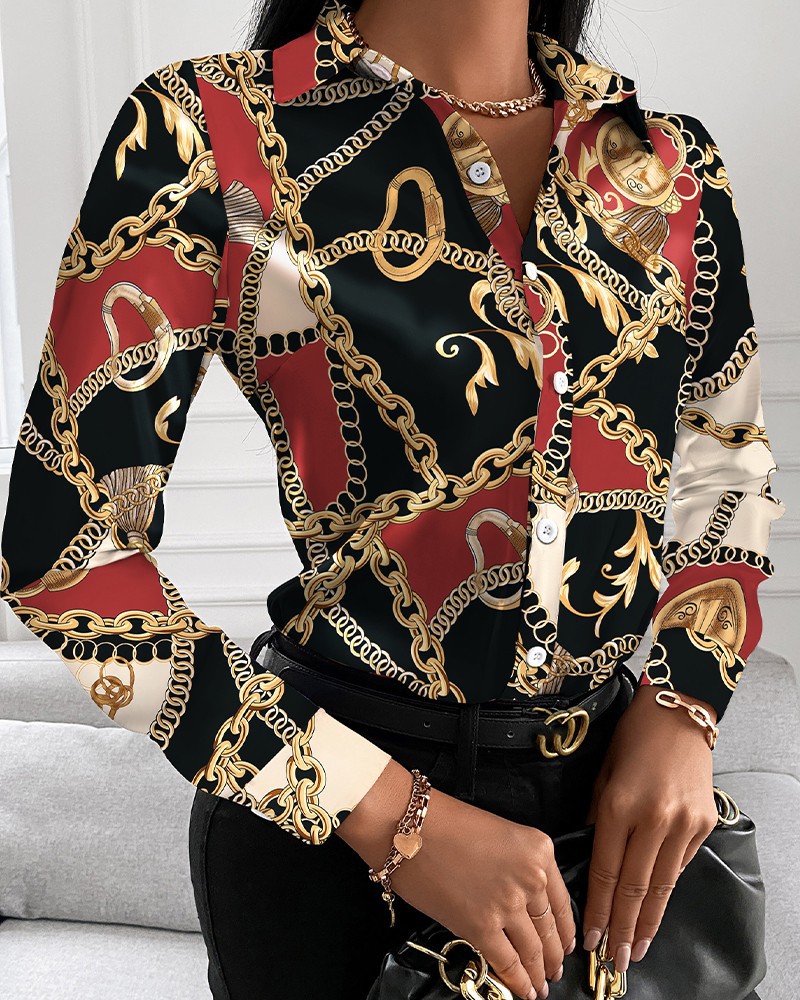 Title 11, Loose Long Sleeve V Neck Button Print Shirt Women