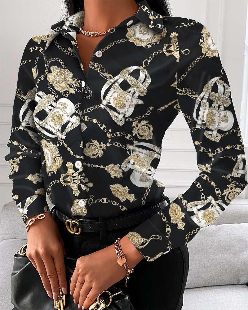 Title 12, Loose Long Sleeve V Neck Button Print Shirt Women