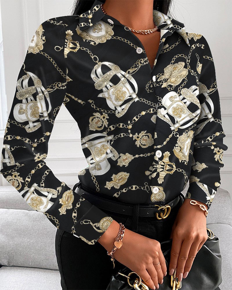 Title 13, Loose Long Sleeve V Neck Button Print Shirt Women