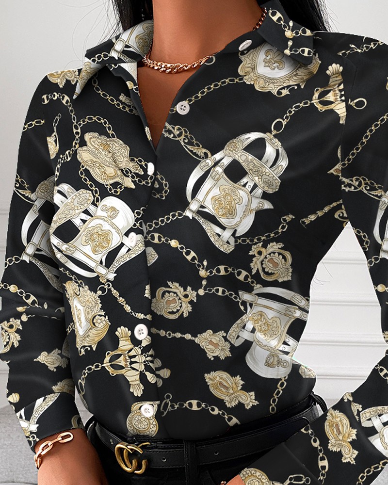 Title 14, Loose Long Sleeve V Neck Button Print Shirt Women