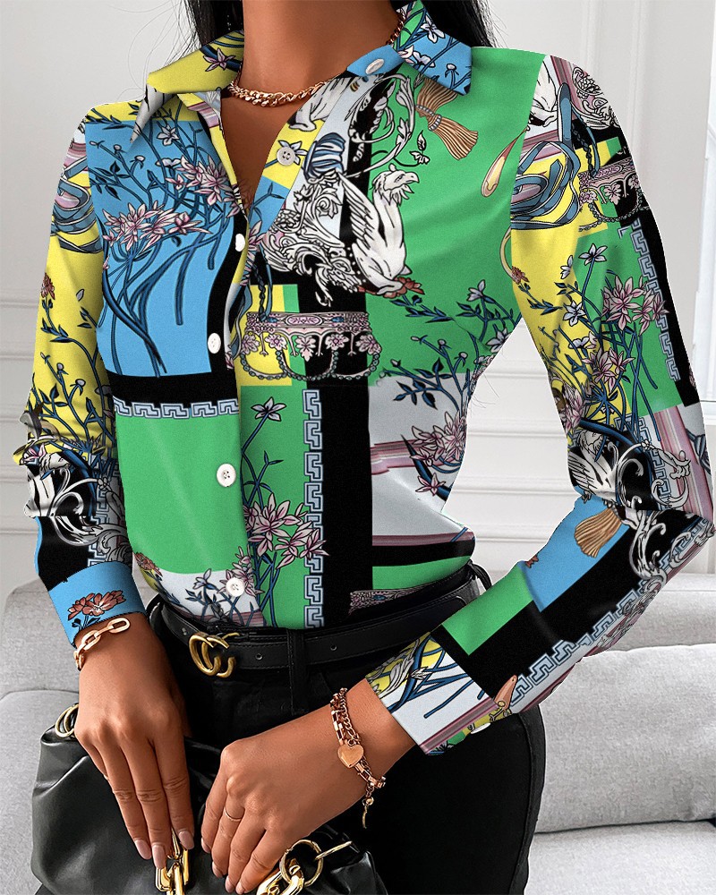 Title 15, Loose Long Sleeve V Neck Button Print Shirt Women