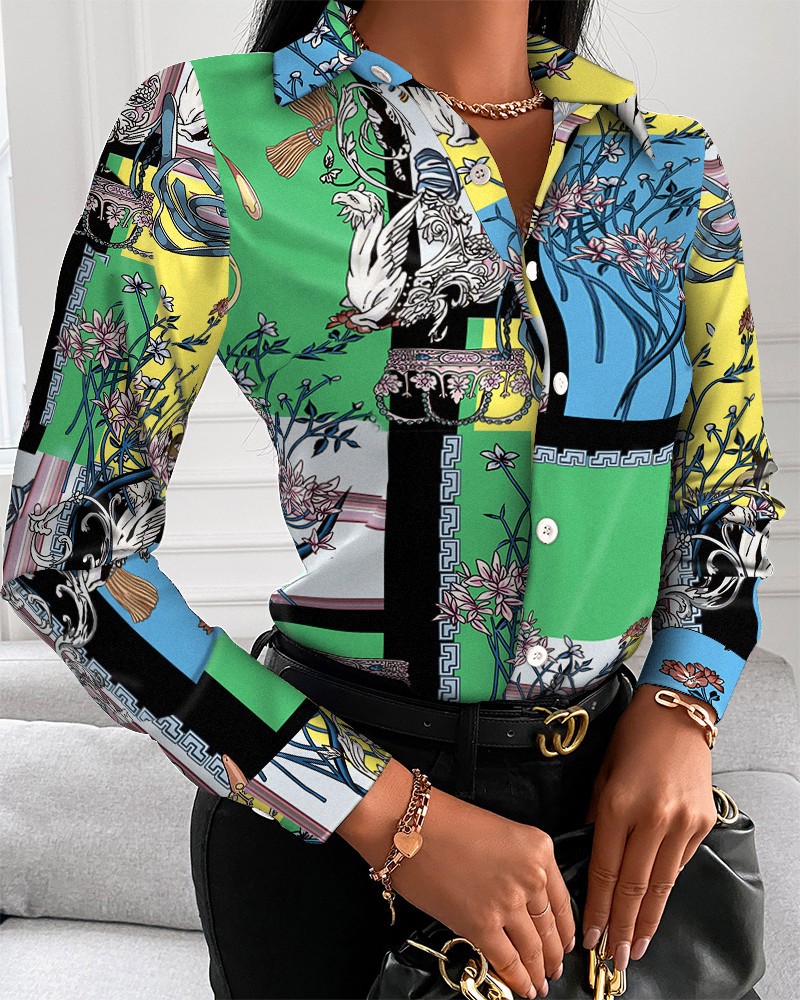 Title 16, Loose Long Sleeve V Neck Button Print Shirt Women