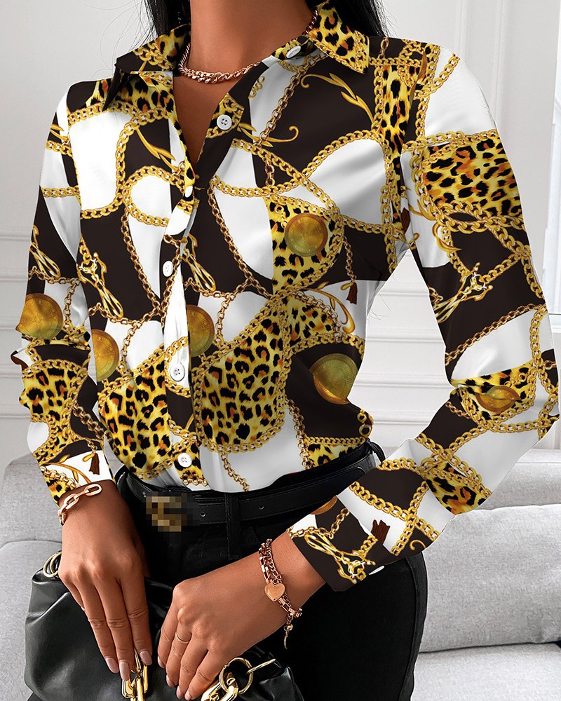 Title 18, Loose Long Sleeve V Neck Button Print Shirt Women