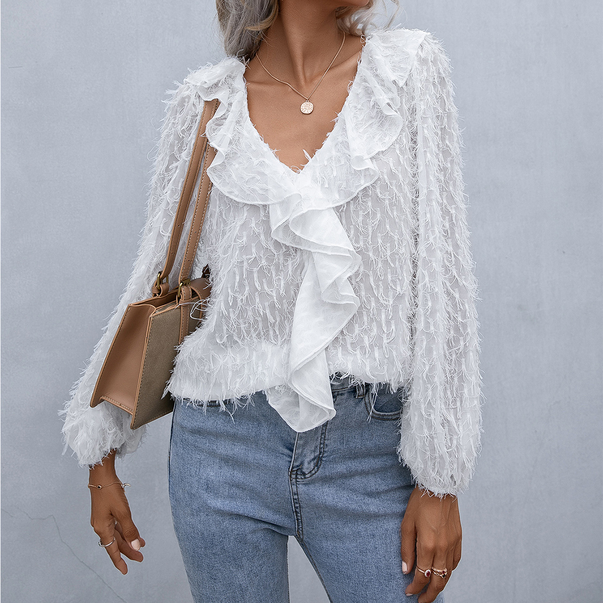 Title 1, Ruffled Fringed Feather V Neck Long Sleeve Shirt