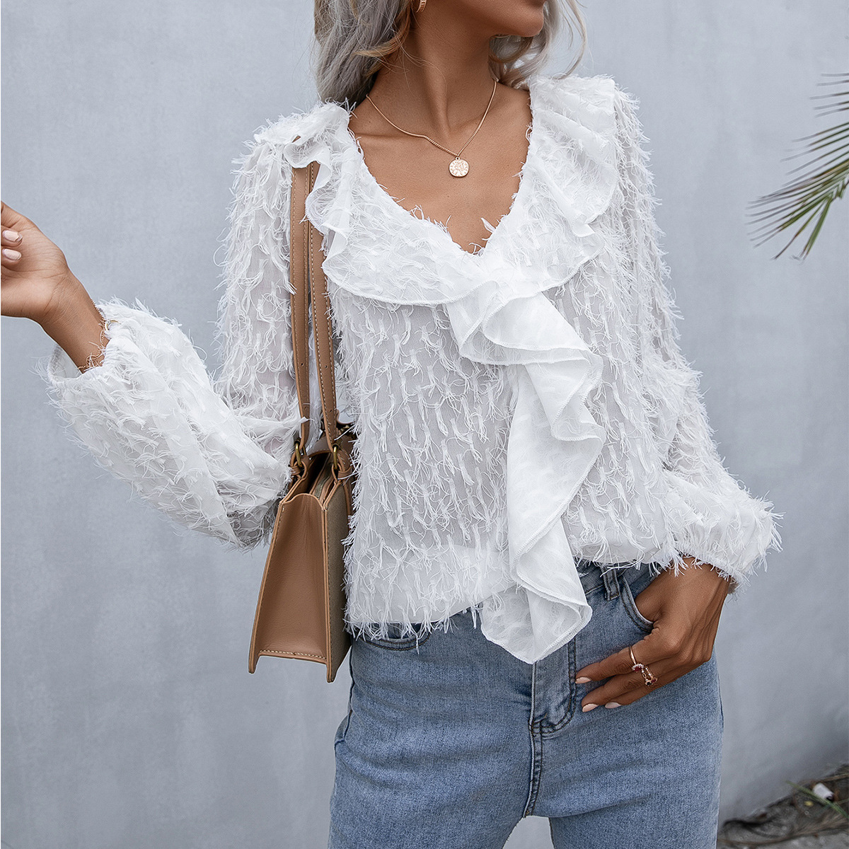 Title 2, Ruffled Fringed Feather V Neck Long Sleeve Shirt