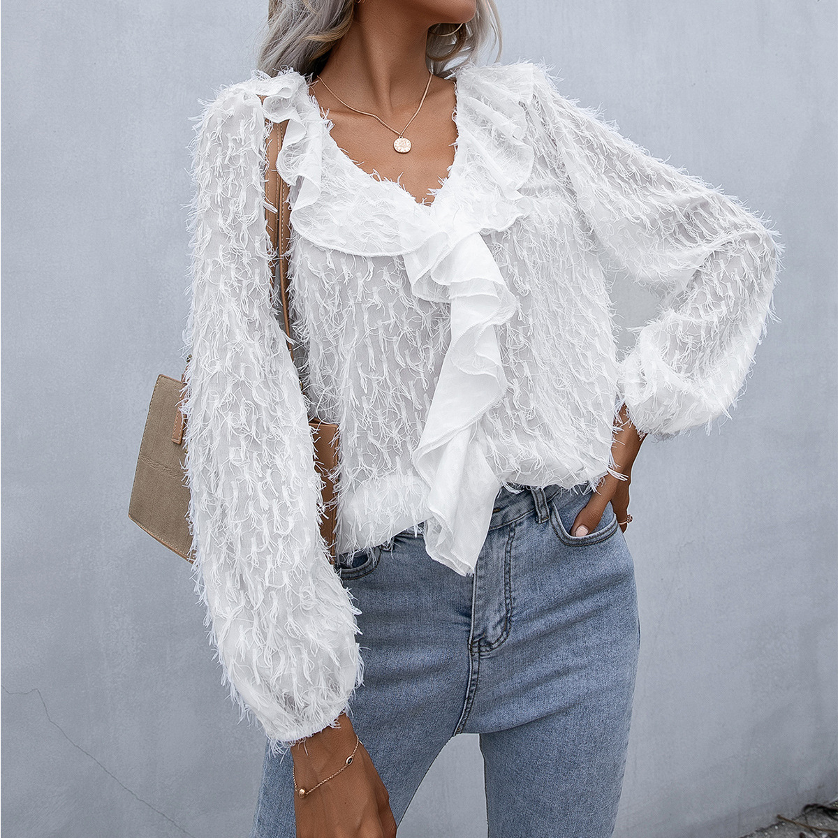 Title 3, Ruffled Fringed Feather V Neck Long Sleeve Shirt