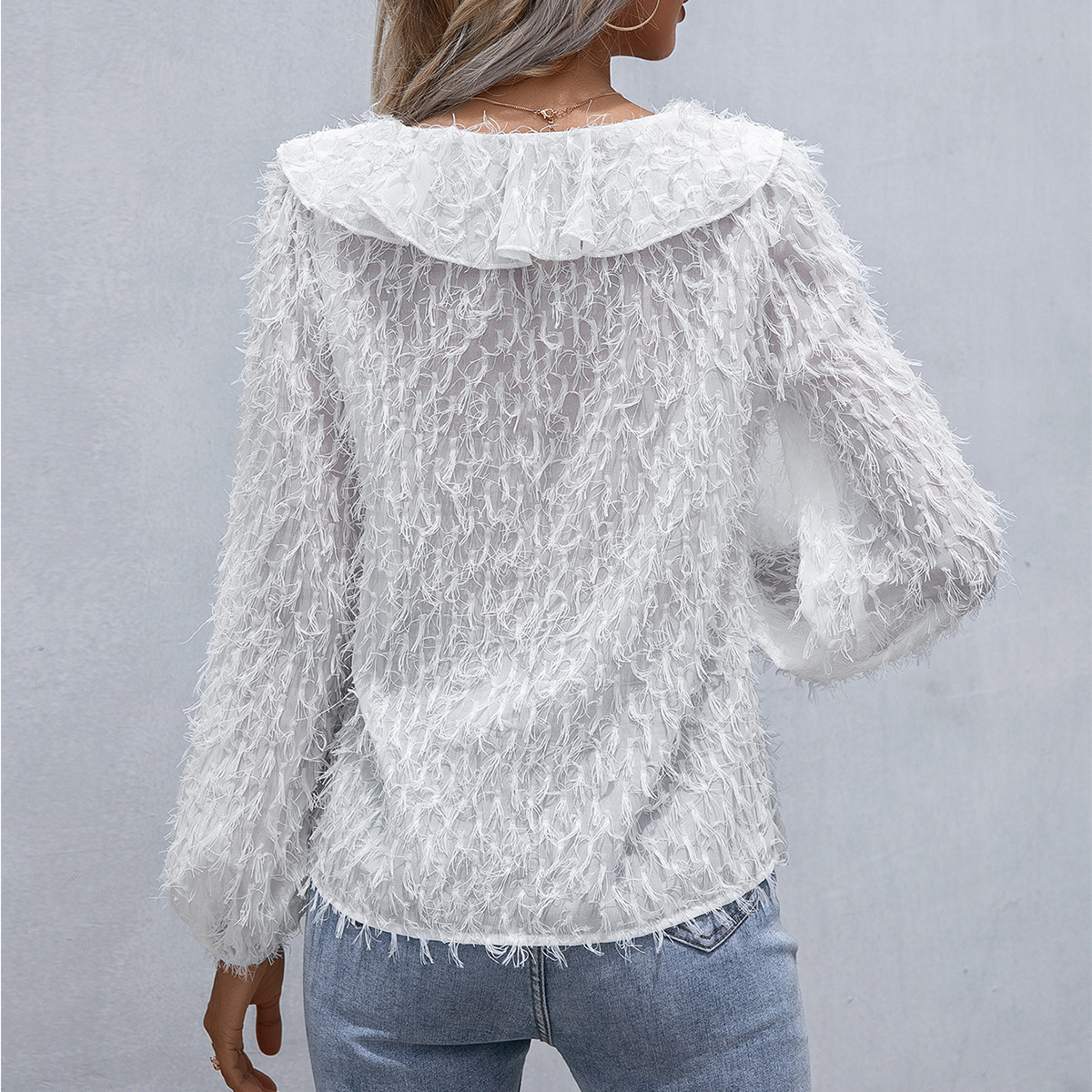 Title 4, Ruffled Fringed Feather V Neck Long Sleeve Shirt