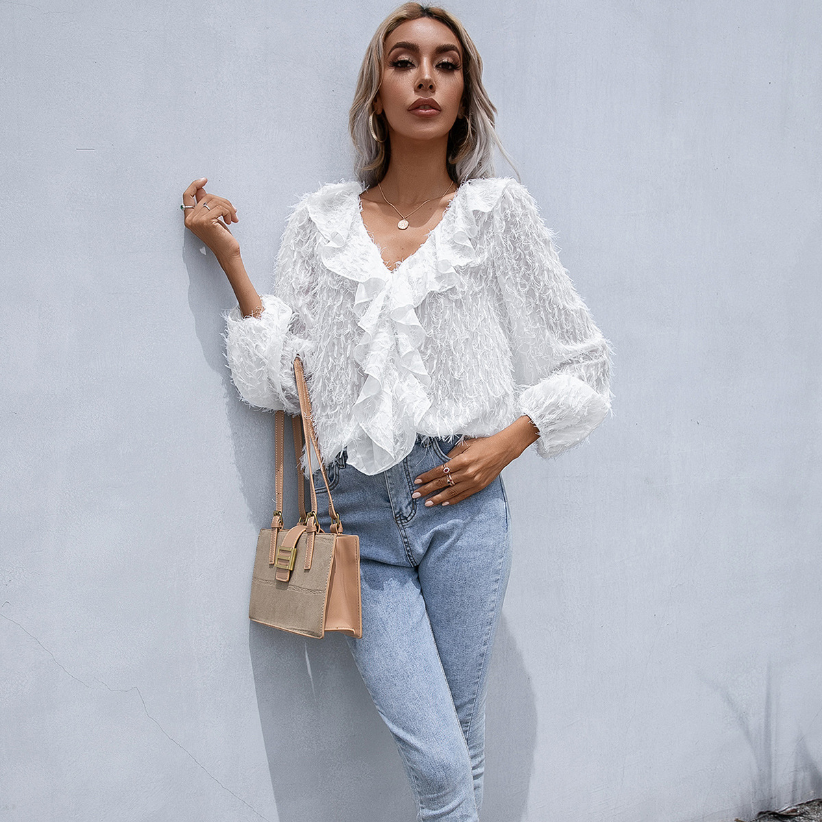 Title 5, Ruffled Fringed Feather V Neck Long Sleeve Shirt