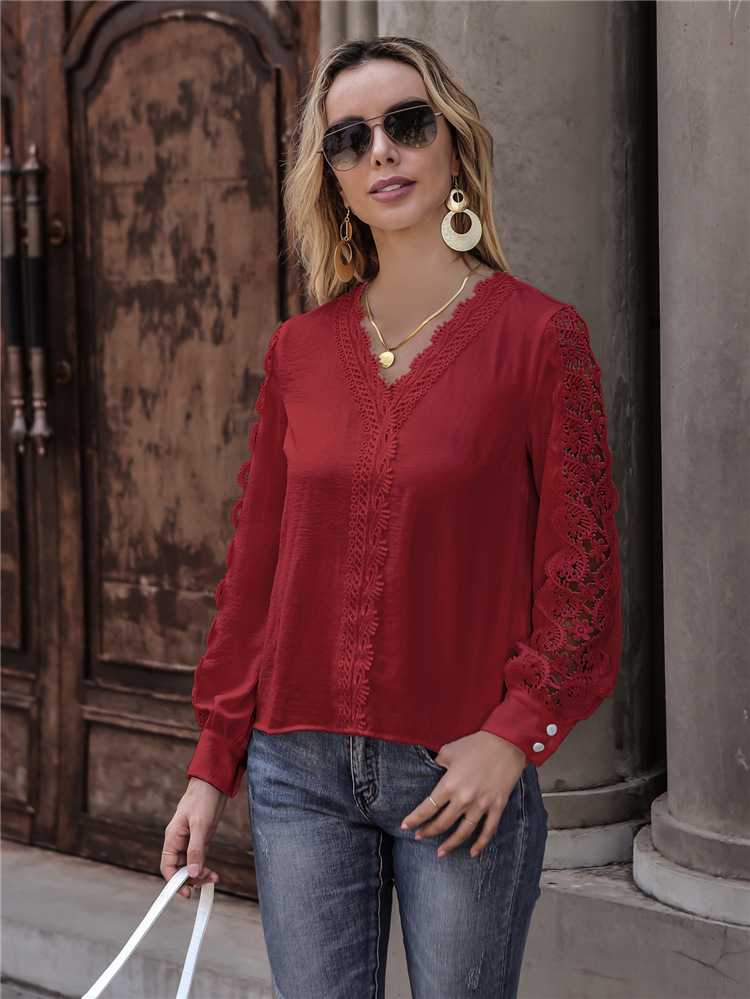 Title 3, New Casual Patchwork Lace V-Neck Long Sleeve Sh...