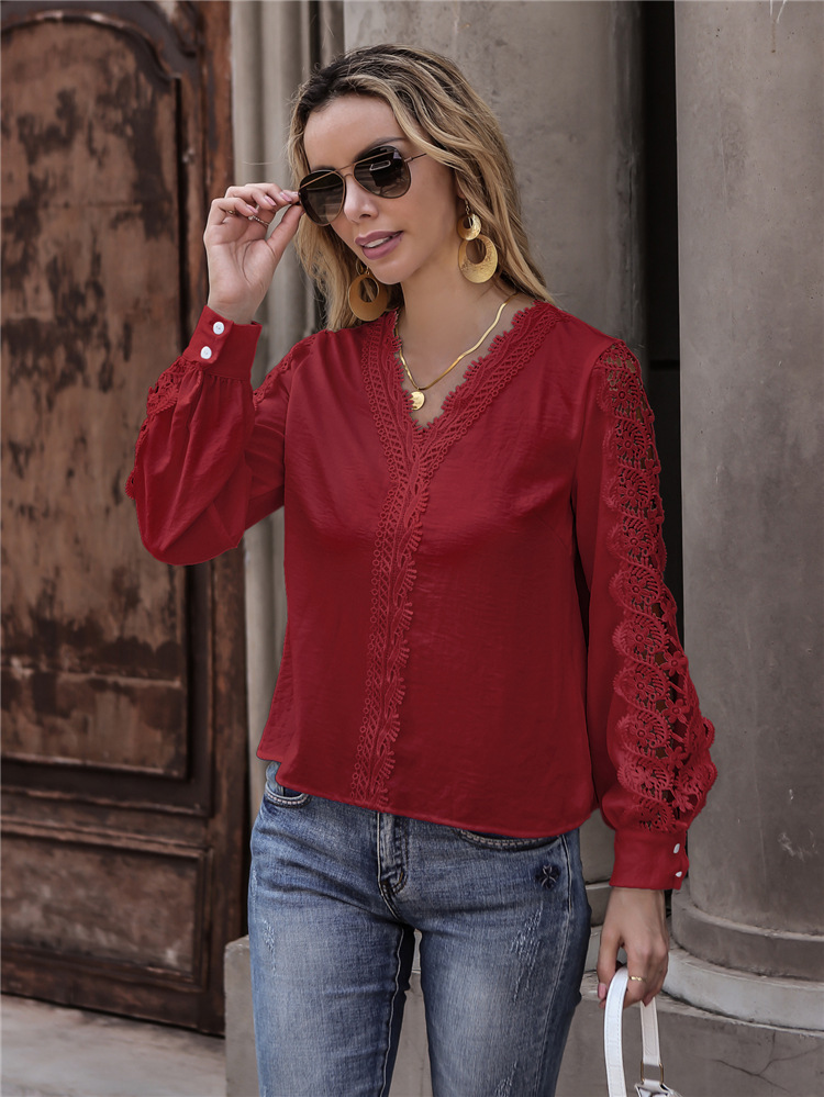 Title 4, New Casual Patchwork Lace V-Neck Long Sleeve Sh...